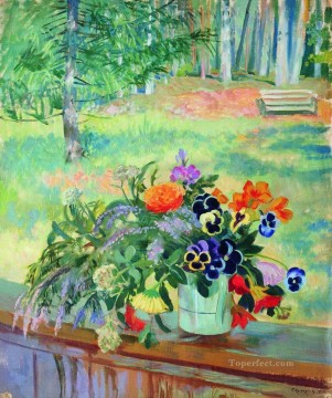 Un ramo de flores en el balcón 1924 Boris Mikhailovich Kustodiev paisaje del jardín. Pinturas al óleo
